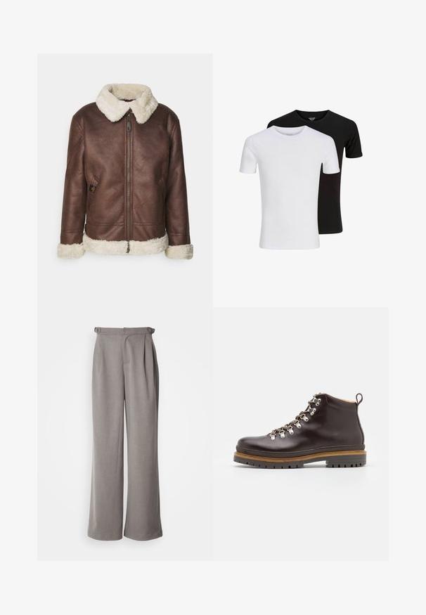 Giacca di pelle marrone con colletto e polsini in finta pelliccia bianca. Presenta una zip frontale e una tasca laterale, caratterizzandosi per una superficie testurizzata.; Due magliette a maniche corte senza fronzoli, una bianca davanti e una nera dietro, esposte su uno sfondo bianco.; Pantaloni a gamba larga grigio chiaro realizzati in tessuto intrecciato. Presentano pince in vita e passanti per la cintura. Texture liscia e design a lunghezza completa.; Zign LEATHER - Stivaletti stringati - brown