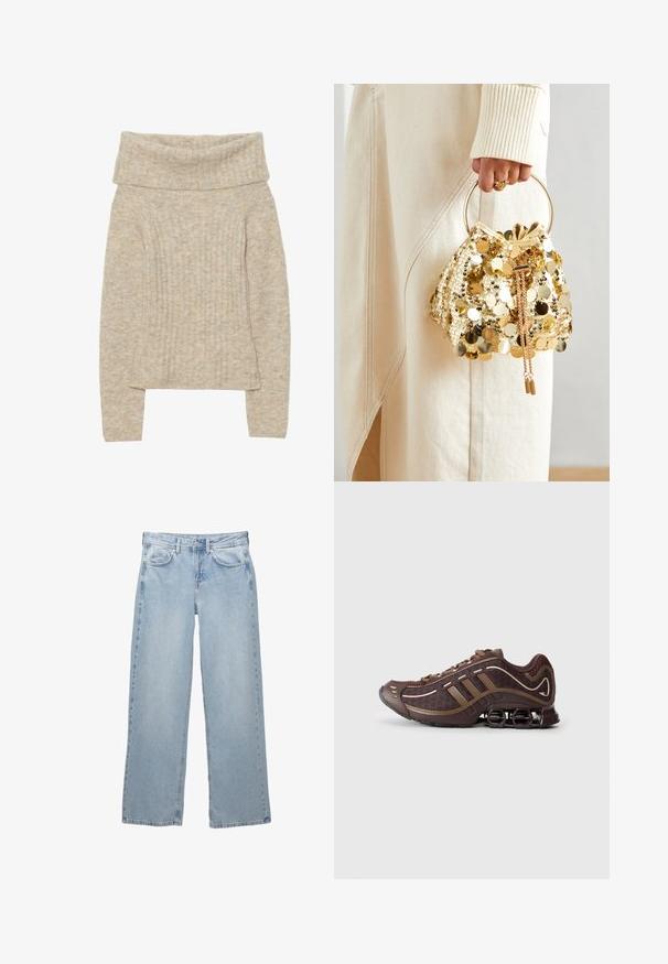 Zwarte leren jas met een staande kraag, een ritssluiting aan de voorkant en twee zakken met rits aan de zijkanten. Heeft een getailleerd ontwerp en een soepele textuur.; Beige gebreid sweater met een brede omgeslagen kraag, verticale ribbelstructuur, lange mouwen en een lichte uitlopende rand. Zachte en warme uitstraling.; Lichtblauwe denim jeans met een wijdere pijpdesign, voorzien van een knoop- en ritsluiting, vijf zakken en minimale stikseldetails.; Bruin sportschoen met bovenkant van mesh en synthetisch materiaal, voorzien van drie strepen, gedetailleerde stiksels, tochtige zool en kenmerkende veerkrachtige hak.; Gouden pailletten trekkoord handtas met een ronde handgreep, versierd met glanzende ronde pailletten en een gemêleerde stof. Afmetingen zijn niet opgegeven.