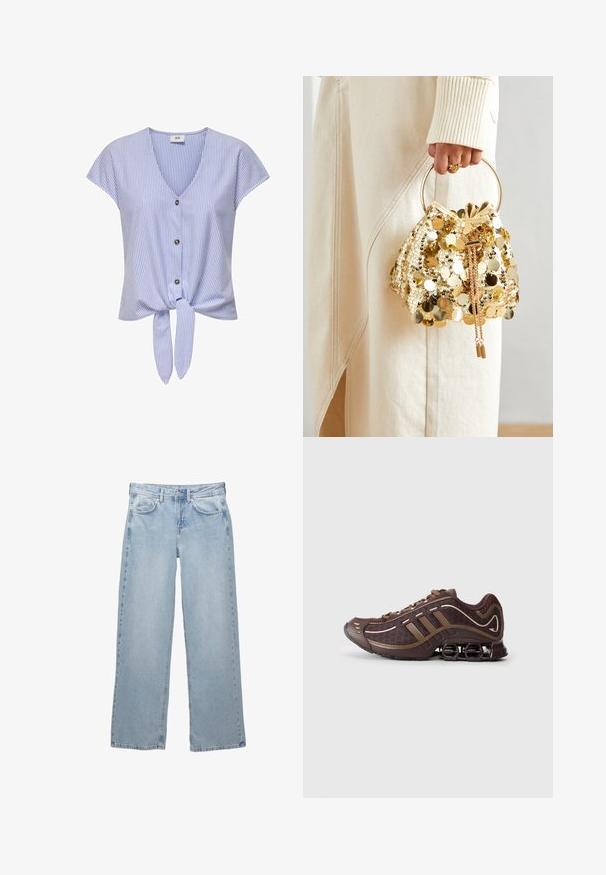 Svart läderjacka med ståkrage, framdragkedja och två sidofickor med dragkedja. Har en figursydd design och mjuk textur.; Blå och vit randig kortärmad blus med V-halsringning, knappframsida och knyt i botten, tillverkad av lättviktigt tyg.; Ljusblå denim byxor med vid bendesign, featuring en knapp- och dragkedjestängning, fem fickor och minimala sömnadsdetaljer.; Brun atletisk sko med överdel i mesh och syntetmaterial, med tre ränder, detaljerad sömnad, vadderad sula och karakteristisk fjädrande häl.; Gul paljettdragväska med ett cirkulärt handtag, featuring glänsande runda paljetter och en texturerad tyg. Måtten är inte angivna.