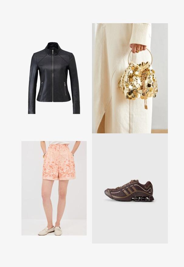 Schwarze Lederjacke mit Stehkragen, Frontreißverschluss und zwei seitlichen Reißverschlusstaschen. Besitzt ein tailliertes Design und eine glatte Textur.; Schwarzes Langarm-Oberteil aus weichem Stoff, mit einem drapierten Design, das eine überlappende Front und einen U-Boot-Ausschnitt aufweist. Geschmeidige Textur, cropped Länge.; Blumenmuster-Shorts in korallenfarbener Nuance mit Falten und umgeschlagenen Säumen. Hergestellt aus einem leichten Stoff, mit zwei seitlichen Taschen für zusätzlichen Komfort.; Brauner Sportschuh mit Mesh- und Synthetik-Obermaterial, mit drei Streifen, detaillierter Steppnaht, dämpfender Sohle und charakteristischem federndem Absatz.; Goldfarbene Drawstring-Handtasche mit einem runden Griff, verziert mit glänzenden runden Pailletten und einem strukturierten Stoff. Abmessungen sind nicht angegeben.