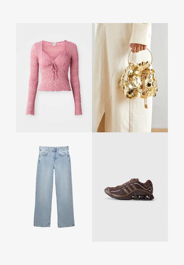 Zwarte leren jas met een staande kraag, een ritssluiting aan de voorkant en twee zakken met rits aan de zijkanten. Heeft een getailleerd ontwerp en een soepele textuur.; Roze, textuurvolle top met lange mouwen en een V-hals, voorzien van een voorkant met strikdetails en een geplooid ontwerp. Lichtgewicht en aansluitend.; Lichtblauwe denim jeans met een wijdere pijpdesign, voorzien van een knoop- en ritsluiting, vijf zakken en minimale stikseldetails.; Bruin sportschoen met bovenkant van mesh en synthetisch materiaal, voorzien van drie strepen, gedetailleerde stiksels, tochtige zool en kenmerkende veerkrachtige hak.; Gouden pailletten trekkoord handtas met een ronde handgreep, versierd met glanzende ronde pailletten en een gemêleerde stof. Afmetingen zijn niet opgegeven.