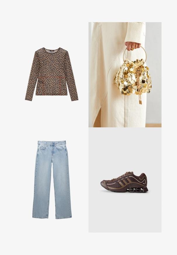 Sort læderjakke med ståkrave, frontlynlås og to lynlåslommer på siden. Har en tætsiddende pasform og en glat tekstur.; Langærmet top med leopardprint i gennemsigtigt stof, featuring rund halsudskæring, kontrasterende røde sømme og en afslappet pasform.; Lys blå denim jeans med bred bendesign, med en knap- og lynlåslukning, fem lommer og minimale syninger.; Brun atletisk sko med mesh og syntetisk overdel, prydet med tre striber, detaljeret syning, polstret sål og karakteristisk fjederagtig hæl.; Guld paliettrækkevogn med et cirkulært håndtag, der har skinnende runde paljetter og et tekstureret stof. Dimensioner er ikke angivet.