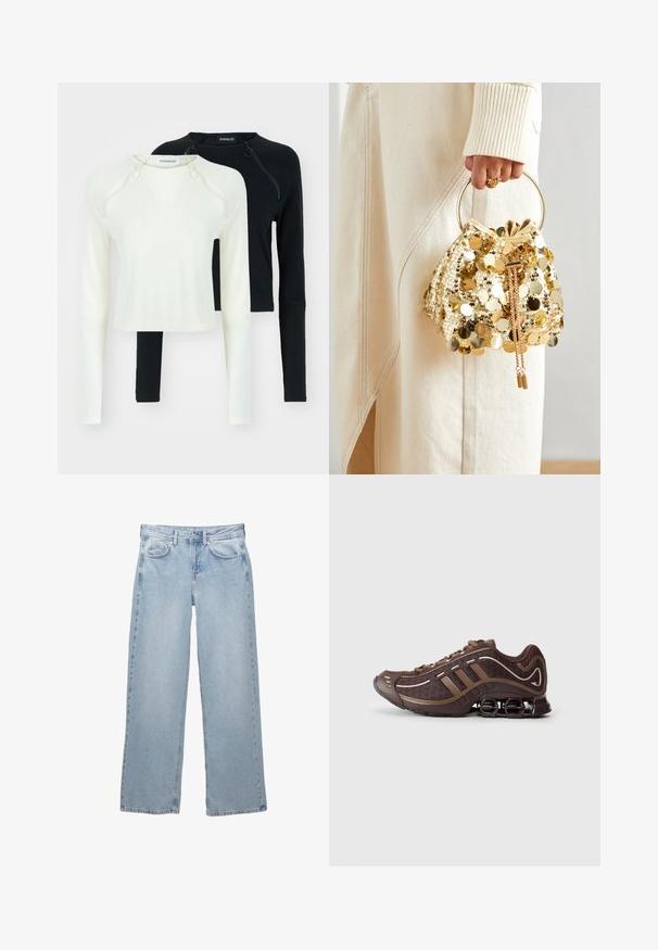 Schwarze Lederjacke mit Stehkragen, Frontreißverschluss und zwei seitlichen Reißverschlusstaschen. Besitzt ein tailliertes Design und eine glatte Textur.; Zwei Langarmoberteile, eines in Weiß und eines in Schwarz. Beide verfügen über runde Ausschnitte und dekorative Reißverschlüsse an der Schulter. Glattes Material.; Helleblaue Denim-Jeans mit weit geschnittenem Design, ausgestattet mit einem Knopf- und Reißverschluss, fünf Taschen und minimalen Nähten.; Brauner Sportschuh mit Mesh- und Synthetik-Obermaterial, mit drei Streifen, detaillierter Steppnaht, dämpfender Sohle und charakteristischem federndem Absatz.; Goldfarbene Drawstring-Handtasche mit einem runden Griff, verziert mit glänzenden runden Pailletten und einem strukturierten Stoff. Abmessungen sind nicht angegeben.