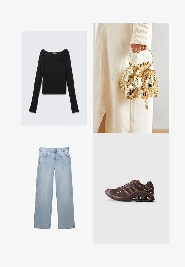 Sort læderjakke med ståkrave, frontlynlås og to lynlåslommer på siden. Har en tætsiddende pasform og en glat tekstur.; Sort langærmet top lavet af blødt stof, der har et drapert design med crossover-foran og bådudskæring. Glat tekstur, cropped længde.; Lys blå denim jeans med bred bendesign, med en knap- og lynlåslukning, fem lommer og minimale syninger.; Brun atletisk sko med mesh og syntetisk overdel, prydet med tre striber, detaljeret syning, polstret sål og karakteristisk fjederagtig hæl.; Guld paliettrækkevogn med et cirkulært håndtag, der har skinnende runde paljetter og et tekstureret stof. Dimensioner er ikke angivet.
