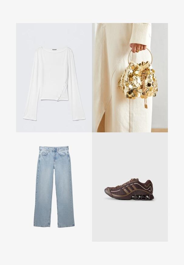 Schwarze Lederjacke mit Stehkragen, Frontreißverschluss und zwei seitlichen Reißverschlusstaschen. Besitzt ein tailliertes Design und eine glatte Textur.; Weißes Langarmshirt aus weichem Stoff. Verfügt über einen abgerundeten Halsausschnitt, seitliche Knopfdetails und eine gekürzte Silhouette. Glatte Textur, lässiges Design.; Helleblaue Denim-Jeans mit weit geschnittenem Design, ausgestattet mit einem Knopf- und Reißverschluss, fünf Taschen und minimalen Nähten.; Brauner Sportschuh mit Mesh- und Synthetik-Obermaterial, mit drei Streifen, detaillierter Steppnaht, dämpfender Sohle und charakteristischem federndem Absatz.; Goldfarbene Drawstring-Handtasche mit einem runden Griff, verziert mit glänzenden runden Pailletten und einem strukturierten Stoff. Abmessungen sind nicht angegeben.