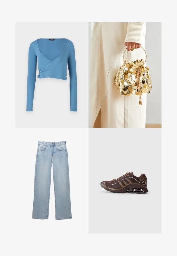 Schwarze Lederjacke mit Stehkragen, Frontreißverschluss und zwei seitlichen Reißverschlusstaschen. Besitzt ein tailliertes Design und eine glatte Textur.; Helles blaues, kurz geschnittenes Langarmoberteil mit V-Ausschnitt und Wickeldesign, aus geripptem Stoff. Besitzt ein gerafftes Detail an der Taille.; Helleblaue Denim-Jeans mit weit geschnittenem Design, ausgestattet mit einem Knopf- und Reißverschluss, fünf Taschen und minimalen Nähten.; Brauner Sportschuh mit Mesh- und Synthetik-Obermaterial, mit drei Streifen, detaillierter Steppnaht, dämpfender Sohle und charakteristischem federndem Absatz.; Goldfarbene Drawstring-Handtasche mit einem runden Griff, verziert mit glänzenden runden Pailletten und einem strukturierten Stoff. Abmessungen sind nicht angegeben.