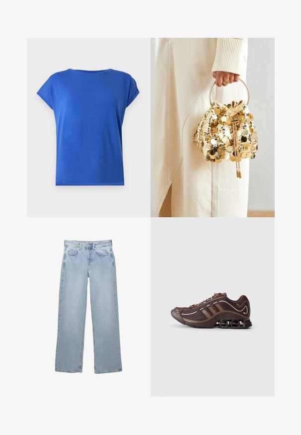 Sort læderjakke med ståkrave, frontlynlås og to lynlåslommer på siden. Har en tætsiddende pasform og en glat tekstur.; T-shirt med korte ærmer og rund hals lavet af glat stof i en livlig blå farve. Har en afslappet pasform og rullede ærmekanter.; Lys blå denim jeans med bred bendesign, med en knap- og lynlåslukning, fem lommer og minimale syninger.; Brun atletisk sko med mesh og syntetisk overdel, prydet med tre striber, detaljeret syning, polstret sål og karakteristisk fjederagtig hæl.; Guld paliettrækkevogn med et cirkulært håndtag, der har skinnende runde paljetter og et tekstureret stof. Dimensioner er ikke angivet.