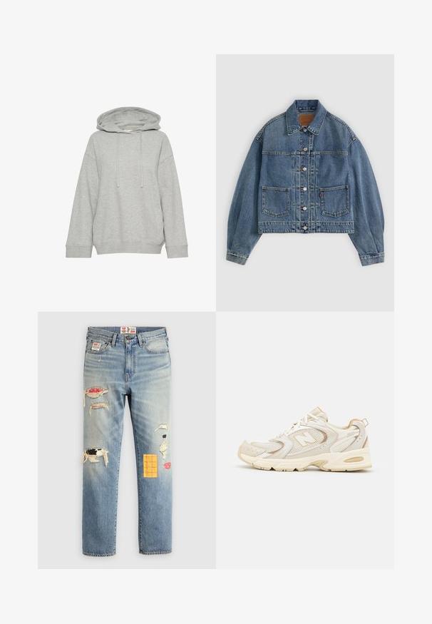 Giacca di denim azzurra, design corto, cuciture prominenti, due tasche frontali, chiusura con bottoni e dettaglio del colletto tradizionale.; Felpa grigia con cappuccio e vestibilità rilassata, caratterizzata da maniche lunghe, laccetti e polsini a coste. Realizzata in un tessuto morbido e testurizzato.; Jeans in denim blu chiaro con vestibilità rilassata, caratterizzati da toppe strappate in vari colori e motivi, inclusi accenti arancioni e rossi.; Scarpe sportive beige con sovrapposizioni in mesh e materiale sintetico, dotate di una superficie testurizzata, colletto imbottito e ammortizzazione "ABZORB" nel tallone.