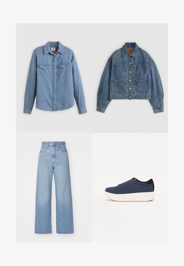 Šviesiai mėlynas džinsinis švarkas, trumpas dizainas, išryškintos siūlės, dvi priekinios kišenės, sagų uždarymas ir tradicinis apykaklės detalė.; Šviesiai mėlyna džinsinė palaidinė ilgomis rankovėmis, su sagomis priekyje, dvi krūtinės kišenės ir klasikinis apykaklė. Švelnios tekstūros ir laisvo silueto.; Šviesiai mėlynos aukšto liemens plačios kojos džinsai su priekiniais užtrauktukais ir sagom, priekinėmis ir galinėmis kišenėmis, ant baltos fono.; Tamsiai mėlynas sportinis batelis su tekstūruotu audiniu viršuje, baltu platformos padu, apvaliu pirštu ir juodu kulno akcentu.š. Yra šešios skylės raišteliams.