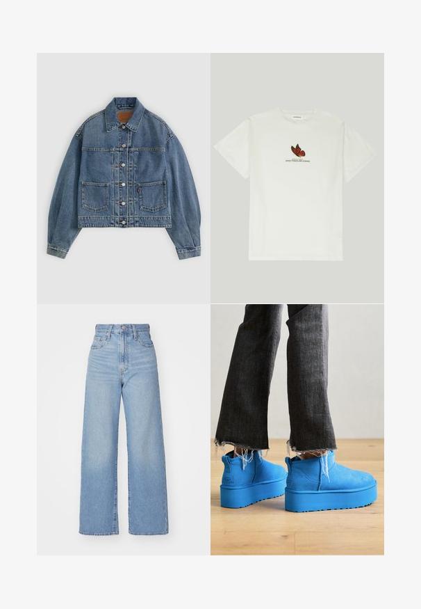 Light blue denim jacket, cropped design, prominent seams, two front pockets, button closure, and traditional collar detail.; White cotton t-shirt featuring a butterfly design in red and black, with the text "WINGS OF CHANGE GOOD THINGS ARE COMING" below it.; Light blue high-waist wide-leg jeans with front button and zip closure, front and back pockets, on a white background.; UGG CLASSIC ULTRA MINI PLATFORM - Ankle boots - big sky