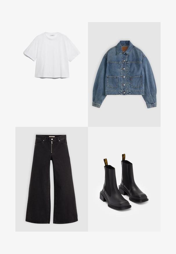 Lyseblå denimjakke, kort design, fremtredende sømmer, to frontlommer, knappelukking og tradisjonell kragedetalj.; Hvit bomull t-skjorte med korte ermer, rund hals, avslappet passform og uten synlige mønstre eller grafikk. Glatt tekstur og enkelt design.; Vide benbukser i sort denim med glidelås i front, fem-lomme design og subtile sømdetaljer. Glatt tekstur og avslappet stil.; Sorte ankelstøvler laget av glatt lær med elastiske sidepaneler, kvadratisk tå og tykke hæler. Har gule merke-trekkremmer.