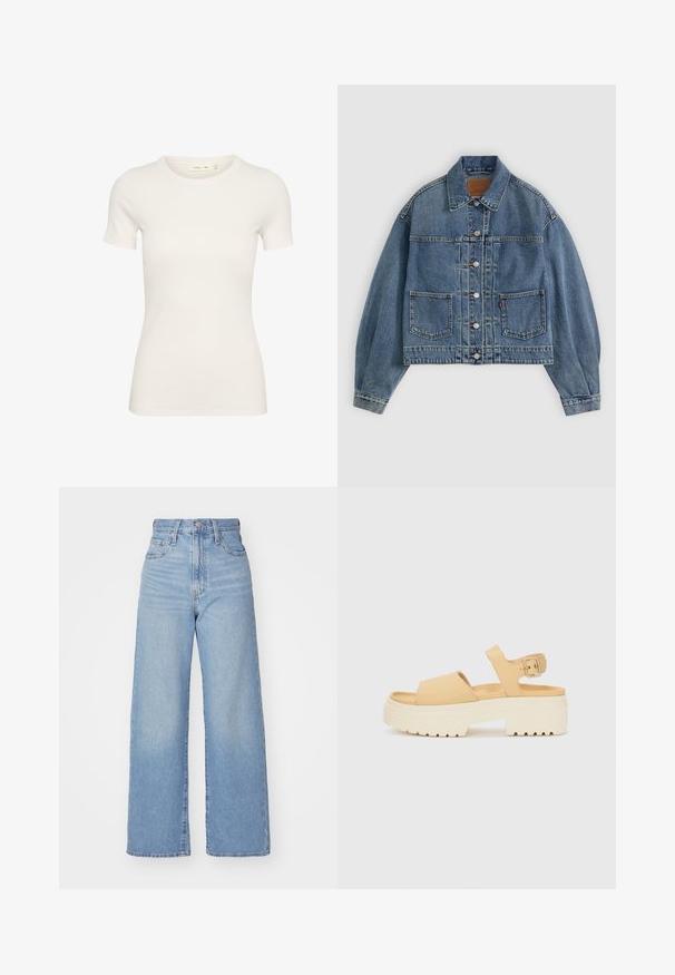 Lyseblå denimjakke, cropped design, fremtrædende sømme, to forens lommer, knaplukning og traditionel krave.; Kortærmet hvid t-shirt lavet af ribbet bomuld, med en rund hals og figursyet pasform. Ingen synlige mønstre eller detaljer.; Lyseblå højtaljede bukser med bred benåbning, med frontknap og lynlås, samt for- og baglommer, på en hvid baggrund.; Gule faux læder sandaler med en kraftig hvid platformssål. Har to brede stropper og en justerbar ankelstrop med en metal spænde.