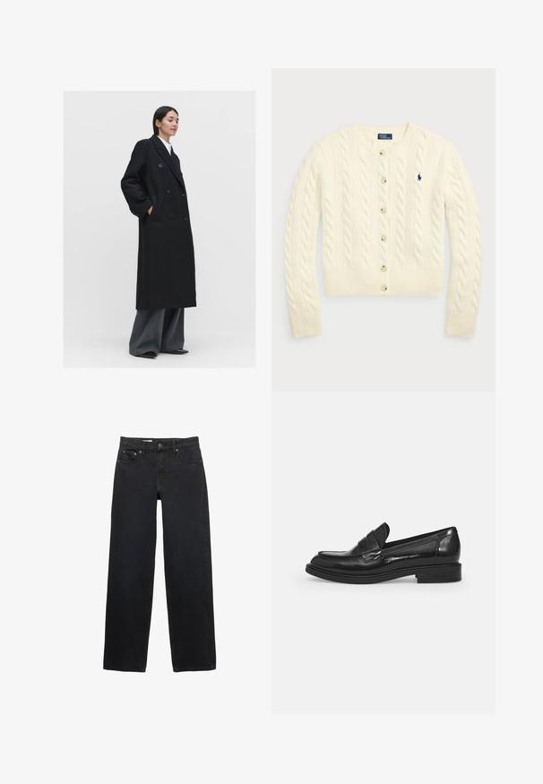 Zwarte dubbelgeknopte overjas van een zachte stof, met grote knopen, zijzakken en een losse pasvorm, gecombineerd met grijze broeken.; Polo Ralph Lauren CABLE-KNIT WOOL-CASHMERE CARDIGAN - Vest - authentic cream; Twee mouwloze geribbelde coltruien in bruin en zwart, weergegeven op een effen witte achtergrond.; Zwarte wijde jeans gemaakt van denim, met vijf zakken, een knoopsluiting, subtiele stiksels en een rechte snit van taille tot zoom.; Zwarte gepatineerde leren loafers met een ronde neus, een decoratieve band over de bovenkant en een lage blokhak. Gladde, glanzende textuur.