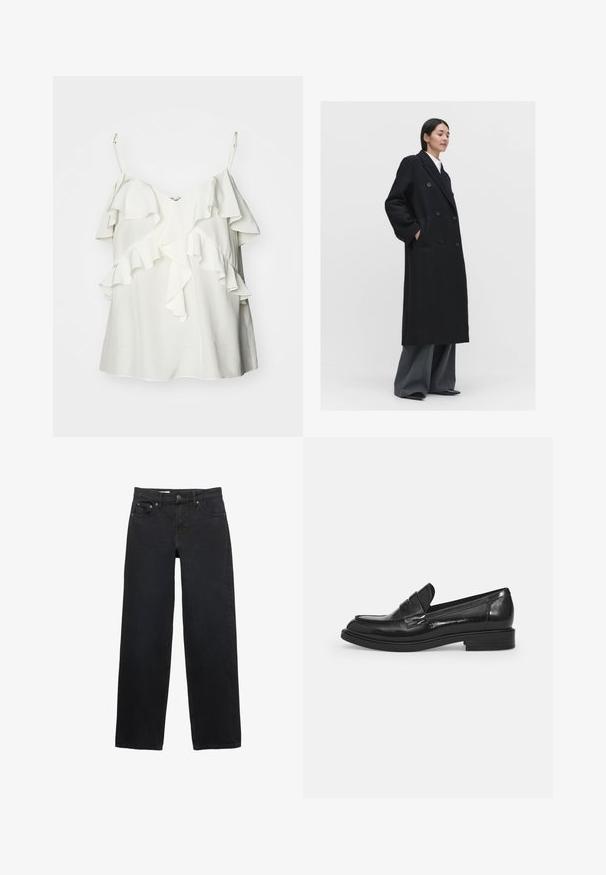 Schwarzer doppelreihiger Mantel aus weichem Material, mit großen Knöpfen, seitlichen Taschen und einem lockeren Schnitt, kombiniert mit grauen Hosen.; Polo Ralph Lauren CABLE-KNIT WOOL-CASHMERE CARDIGAN - Strickjacke - authentic cream; Weißes ärmelloses Oberteil aus leichtem Stoff, mit geschichteten Rüschen an der Vorderseite und verstellbaren Trägern für Komfort und Passform.; Schwarze weit geschnittene Jeans aus Denim, mit fünf Taschen, einem Knopfverschluss, dezenten Nähten und einem geraden Schnitt von der Taille bis zum Saum.; Schwarze Lackleder-Halbschuhe mit runder Zehenform, einem dekorativen Riemen über dem oberen Teil und einem niedrigen Blockabsatz. Glatte, glanzvolle Textur.