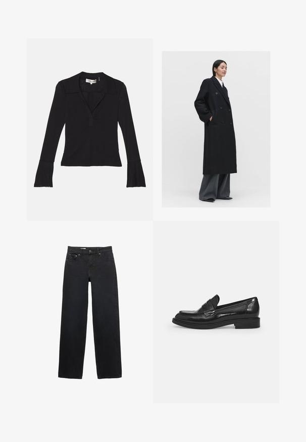Czarny podwójnie zapinany płaszcz wykonany z miękkiego materiału, z dużymi guzikami, bocznymi kieszeniami i luźnym krojem, zestawiony z szarymi spodniami.; Polo Ralph Lauren - Kardigan; Diane von Furstenberg MACKENZIE czarny; Czarne szerokie dżinsy wykonane z denimu, z pięcioma kieszeniami, zapięciem na guzik, subtelnym przeszyciem oraz prostym krojem od talii do dołu.; Czarne lakierowane loafersy z zaokrąglonym noskiem, dekoracyjnym paskiem na górze oraz niskim blokowym obcasem. Gładka, błyszcząca tekstura.