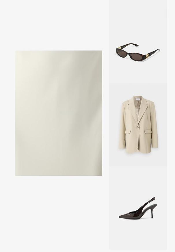 Beige strukturoidu bleiseri, jossa on harkittuja kaarrokeita, yksittäinen nappisuljin, kaksi etutaskua ja sileä satiinivuori. Normaalimitoitus.; Sileät, kermaiset kankaat, joissa on hienovaraista kiiltoa. Kosketus on tasainen, ja siinä on yksinkertainen, minimalistinen suunnittelu ilman näkyviä kuvioita tai koristeita.; Korkokenkät tummanruskeasta kiiltävästä patenttinnahasta, teräväkärkiset, avoimet sivut ja säädettävä nilkkaremmi.; Silmärilakkiset tortoiseshell-aurinkolasit, joissa on pitkänomaiset ovaalit linssit, ruskea sävy, kultaiset logo-koristeet temppeleissä ja sulavalinjaiset mustat varret.