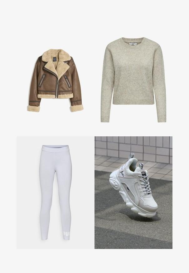 Jachetă din piele maro cu căptușeală din blană sintetică crem, guler lat, design scurt și două buzunare frontale cu fermoar cu accente contrastante.; Pulover femeiesc de un bej deschis, confecționat dintr-un material tricotat moale, având un guler rotund și manșete și tiv cu răsucire. Design clasic, cu croială dreaptă.; Leggings griși deschis cu o textură netedă, talie înaltă și branding alb în partea stângă jos. Design mulat.; Adidași alb cu materiale din plasă și piele, vârf rotunjit, talpă groasă, șnuțuri proeminente și brand pe călcâi și limbă.