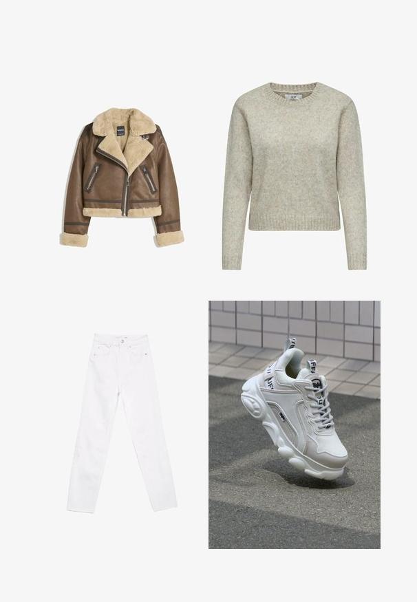 Ruskea nahkatakki, jossa on vaalean kermanvärinen tekoturkislina, leveä kaulus, lyhyt malli ja kaksi vetoketjullista etutaskua, joissa on kontrastoivia yksityiskohtia.; Vaalea beige naisten neule, joka on valmistettu pehmeästä neulekankaasta. Sillä on pyöreä pääntie sekä ribattu hihansuu ja helma. Klassinen, suorastaan muotoiltu malli.; Valkoiset korkeavyötäröiset farkut suoranlahkeisella leikkauksella, valmistettu denimkankaasta. Ominaisuuksiin kuuluvat etutaskut ja vetoketjukiinnitys yhdellä napilla.; Valkoiset tennarit, joissa on verkko- ja nahkamateriaaleja, pyöreä kärki, paksu pohja, erottuvat nauhat sekä brändäys kantapäässä ja kielessä.