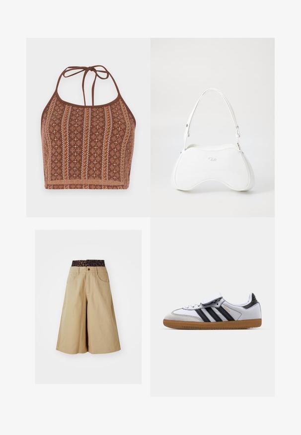Bruine leren jas met een crèmekleurige nepbont voering, brede kraag, cropped ontwerp en twee ritszakken aan de voorkant met contrasterende accenten.; Bruine halter crop top met een patroon van geometrische ontwerpen en off-white accenten, verstelbare nekstrikjes en een zachte textuurafwerking.; Khaki shorts met een brede pijpdesign en een luipaardprint tailleband. Voorzien van zakken aan de voorkant en een knoopsluiting. Glad, gestructureerd stof.; Witte leren sneaker met zwarte strepen en grijze accenten, met een afgeronde neus en een gumrubberen buitenzool. Klittenbandsluiting en veters.; Witte handtas met een glad, glanzend oppervlak, gebogen vorm en een enkele verstelbare schouderriem. Heeft een logo dat aan de voorkant is geperst.