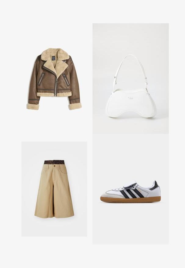 Hnědá kožená bunda s krémovým umělým ovčím kožíškem, široký límec, zkrácený střih a dvě přední kapsy na zip s kontrastními akcenty.; Hnědý dlouhý rukáv cropped top vyrobený z hladkého materiálu, s kulatým výstřihem a přiléhavým střihem. Bez viditelných vzorů nebo akcentů.; Khaki šortky se širokým střihem a páskem s leopardím vzorem. Mají přední kapsy a zapínání na knoflík. Hladká, strukturovaná tkanina.; Bílé kožené tenisky s černými pruhy a šedými detaily, s kulatou špičkou a gumovou podrážkou. Spona na suchý zip a šněrování.; Bílá kabelka s hladkým, lesklým povrchem, zakřiveným tvarem a jedním nastavitelným popruhem. Na přední straně je vyražené logo.