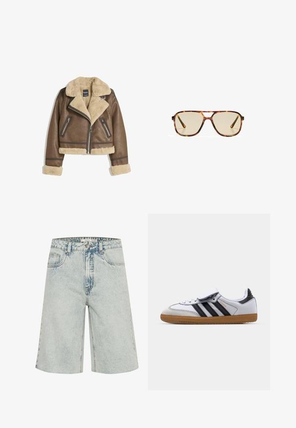 Rjava usnjena jakna s kremasto umetno ovčjo podlogo, širokim ovratnikom, skrajšanim dizajnom in dvema zadrgama spredaj s kontrastnimi detajli.; Rjava dolga majica s cropped dizajnom, izdelana iz gladkega materiala, z zaobljenim izrezom in prileganjem. Brez vidnih vzorcev ali poudarkov.; Svetlo modri denim kratki hlače z ohlapnim krojem, klasičnim petim žepom in vidnim šivanjem. Opečene modne poudarke po celotni dolžini.; Beli usnjeni športni copati z bližnjicami v črni barvi in s sivo obrobo, z okroglo konico in gumo iz gumijastega materiala. Zapiranje na ježka in vezalke.; Rjave žirafaste sončne očala z velikimi pravokotnimi lečami in tankim okvirjem. Imajo mostiček za dodan slog in udobje.
