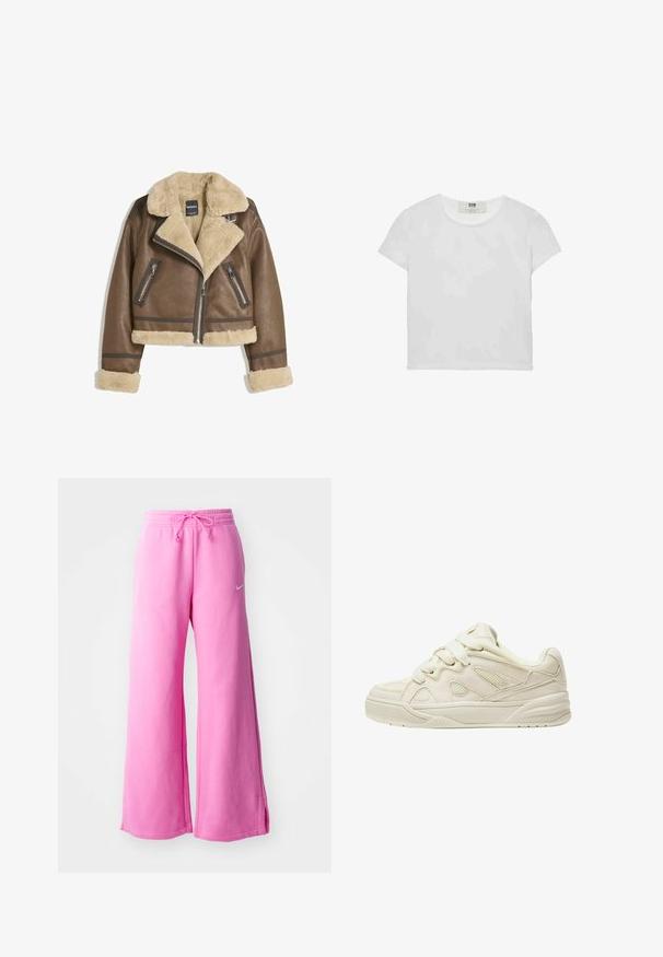 Rjava usnjena jakna s kremasto umetno ovčjo podlogo, širokim ovratnikom, skrajšanim dizajnom in dvema zadrgama spredaj s kontrastnimi detajli.; Bela majica s kratkimi rokavi in okroglim ovratnikom, izdelana iz mehke bombažne tkanine, ki ima preprost, čist dizajn brez vidnih vzorcev ali poudarkov.; Roza široke trenirke iz mehkega bombaža, z vrvico za prilagajanje v pasu in majhnim belim logotipom spredaj.; Bež tenisice z teksturirano zgornjo površino, izrazitimi vezalkami, mrežastimi paneli in debelim podplatom. Ukrivljena zasnova z oblazinjeno ovratnikom za udobje.