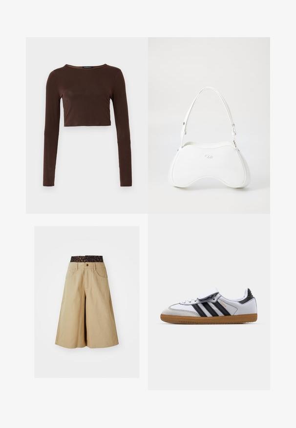 Bruine leren jas met een crèmekleurige nepbont voering, brede kraag, cropped ontwerp en twee ritszakken aan de voorkant met contrasterende accenten.; Bruine langarm cropped top gemaakt van een glad materiaal, met een ronde halslijn en een aansluitend ontwerp. Geen zichtbare patronen of accenten.; Khaki shorts met een brede pijpdesign en een luipaardprint tailleband. Voorzien van zakken aan de voorkant en een knoopsluiting. Glad, gestructureerd stof.; Witte leren sneaker met zwarte strepen en grijze accenten, met een afgeronde neus en een gumrubberen buitenzool. Klittenbandsluiting en veters.; Witte handtas met een glad, glanzend oppervlak, gebogen vorm en een enkele verstelbare schouderriem. Heeft een logo dat aan de voorkant is geperst.