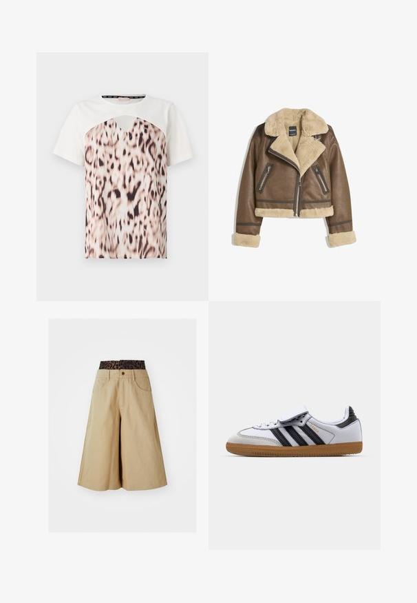 Jachetă din piele maro cu căptușeală din blană sintetică crem, guler lat, design scurt și două buzunare frontale cu fermoar cu accente contrastante.; Tricou cu mâneci scurte, cu partea de sus albă și o secțiune inferioară cu imprimeu leopard în nuanțe de bej și negru, având un detaliu de guler decupat.; Pantaloni scurți khaki cu un design cu picioare largi și un talie cu imprimeu leopard. Au buzunare frontale și închidere cu nasture. Fabric texturat, neted.; Adidași din piele albă cu dungi negre și accente gri, având vârful rotund și talpa din cauciuc natural. Curea cu Velcro și închidere cu șiret.