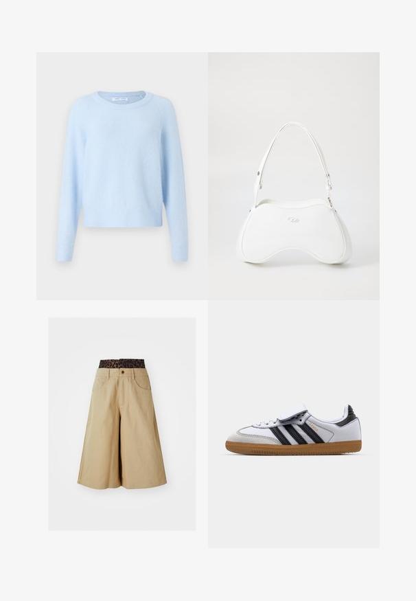 Ruskea nahkatakki, jossa on vaalean kermanvärinen tekoturkislina, leveä kaulus, lyhyt malli ja kaksi vetoketjullista etutaskua, joissa on kontrastoivia yksityiskohtia.; Vaaleansininen neulepaita, joka on valmistettu pehmeästä kankaasta. Paitassa on pyöreä kaula-aukko, pitkät raglan-hihat sekä ribatut hihansuut ja helma, jotka antavat rentoa istuvuutta.; Khaki shorts dengan desain kaki lebar dan pinggang bermotif leopard. Memiliki saku depan dan penutupan kancing. Kain yang halus dan berbentuk tekstur.; Valkoiset nahkakengät mustilla raidoilla ja harmailla yksityiskohdilla, joissa on pyöreä kärki ja kumipohja. Tarranauha ja nauhakiristys.; Valkoinen käsilaukku, jossa on sileä, kiiltävä pinta, kaareva muoto ja yksi säädettävä olkahihna. Edessä on logo painettuna.