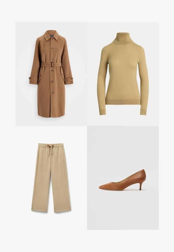 Brązowy płaszcz z wełny z dodatkiem innych włókien, z kołnierzem, z zapięciem na guziki, dwiema dużymi bocznymi kieszeniami i pasującym paskiem. Posiada długie rękawy z zapinanymi mankietami.; Sweter z golfem w jasnym beżu, wykonany z gładkiego, miękkiego splotu. Posiada długie rękawy oraz dopasowany krój z prążkowanym wykończeniem.; Beżowe długie spodnie dresowe z elastycznym pasem, regulowanym sznurkiem i bocznymi kieszeniami; miękka tkanina o gładkiej fakturze.; Lauren Ralph Lauren ADRIENNE brązowy