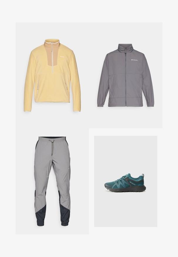 Γκρίζο ελαφρύ μπουφάν από νάιλον με ψηλό γιακά, πλήρες φερμουάρ μπροστά, ελαστικές μανσέτες και διακριτική εκτύπωση στην επάνω αριστερή πλευρά του στήθους.; Κίτρινο φλις πουλόβερ με ψηλό γιακά, μισό φερμουάρ και καφέ πάνελ λεπτομέρειας στο στήθος. Διαθέτει δύο φερμουάρ πλάγια τσέπη.; Ελαφρύ γκρι αθλητικό παντελόνι με μαύρες λεπτομέρειες. Ελαστική μέση, κλείσιμο με κορδόνι, σχέδιο με στενό πόδι και πλαϊνές τσέπες.; Columbia PEAKFREAK ROAM - Παπούτσια πεζοπορίας - everblue/dark grey