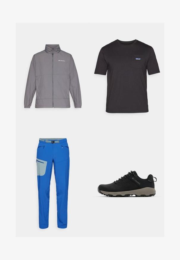 Pelēks viegls jaka, kas izgatavota no neilona, ar augstu apkakli, pilnu priekšējo rāvējslēdzēju, elastīgiem piedurknēm un diskreto zīmolu augšējā kreisajā krūtī.; Melna īsām piedurknēm T-krekls, izgatavots no kokvilnas, ar krūšu kabatu un zilu Patagonia logotipu kreisajā pusē.; Zili āra bikses ar gaiši pelēku akcentu kabatu, aprīkotas ar rāvējslēdzēja kabatām, regulējamu jostu un sašaurinātiem džinsiem.; Melnas pārgājienu kurpes ar gludu virsu, perforētu dizainu, pelēku zoli un nostiprinātu papēdi. Iekļauj auklas un cilpu vieglai uzvilkšanai.