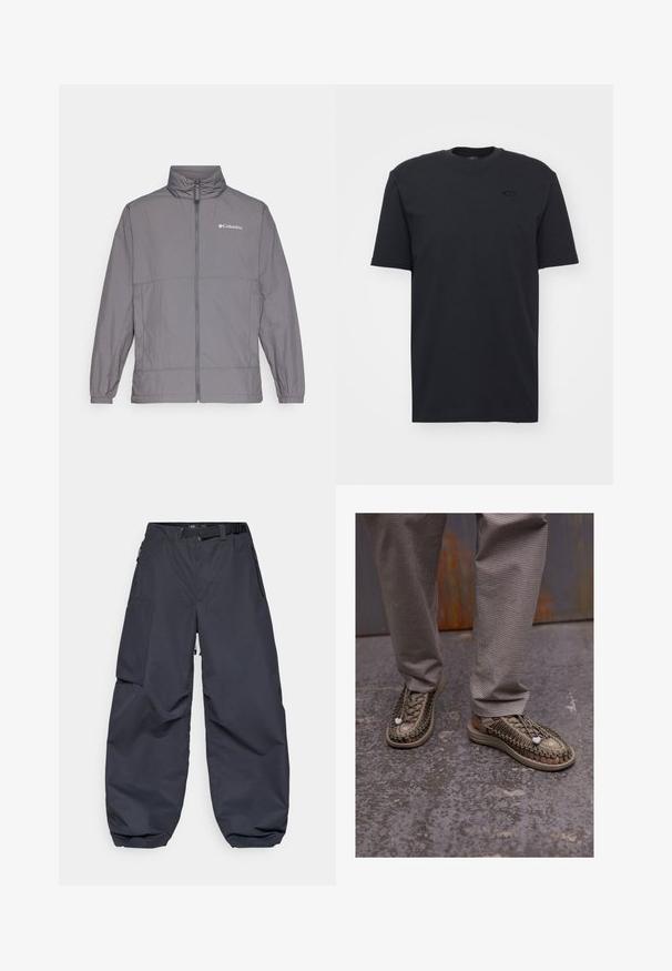 Gray lightweight jacket made of nylon with a high collar, full front zipper, elastic cuffs, and subtle branding on the upper left chest.; Black cotton short-sleeve t-shirt with crew neckline, featuring a subtle logo accent on the chest and a relaxed fit.; Dark gray cargo pants made of a soft, durable material. They feature a wide, loose fit, multiple pockets, and a waist belt for adjustment.; Beige woven sandals with thick soles, featuring an intricate lace pattern and white accent details, paired with gray checkered pants.