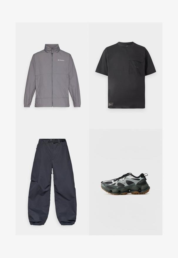 Szürke, könnyű nylon dzseki magas gallérral, teljes hosszúságú cipzárral, elasztikus mandzsettákkal és diszkrét brandlogóval a bal felső mellrészen.; Fekete, rövid ujjú környakú póló, bal mellrészen egy kis függőleges zsebbe varrt zsebbel és egy kis címkével az alsó szegély közelében.; Sötét szürke, puha, tartós anyagból készült cargo nadrág. Széles, laza szabású, több zsebe van, és derékpánttal rendelkezik a beállításhoz.; Fekete és szürke sportcipők hálós felsőrésszel, formázott talppal és gumitalppal. Biztonságos fűzőrendszerrel és hátsó húzófüllel rendelkezik.