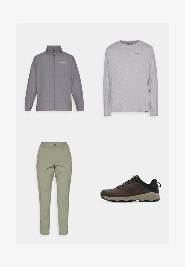 Hallhallane hall jacket, mis on valmistatud nailonist, kõrge kraega, täispika tõmblukuga, elastsete mansettidega ja diskreetse brändimisega vasakul rinnal.; Heledhalli pikkade varrukatega t-särk, mis on valmistatud pehmest, tekstureeritud kangast. Omab ümberkaela lõiget ja väikest sinist Patagonia logo rinna peal.; Heledad oliivrohelised cargo-püksid otse sääre disainiga, ees nupuga lukustus ja küljetaskud funktsionaalsuse jaoks. Sile ja vastupidav kanga.; Kohandatud veekindlad pruunid spordijalatsid tekstuuriga pealisega, perforatsioonidega detailid, must kandetoetav osa ja hall kummine sisetald. Paelad on metallist otstega.