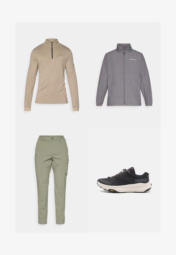 Hallhallane hall jacket, mis on valmistatud nailonist, kõrge kraega, täispika tõmblukuga, elastsete mansettidega ja diskreetse brändimisega vasakul rinnal.; Beige pikaülikond pikade varrukatega, kõrge kaelusega ja poole tõmblukuga. Omab diagonaalset õmblust ja peent brändimist rinnal. Sile tekstuur.; Heledad oliivrohelised cargo-püksid otse sääre disainiga, ees nupuga lukustus ja küljetaskud funktsionaalsuse jaoks. Sile ja vastupidav kanga.; Mustmustun mustus kingad tekstuurse ülusega, hallide aktsentidega, peegeldavate detailidega ning paksu valge tallaga, millel on Vibram'i bränding.