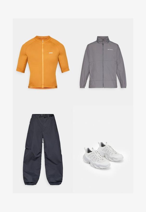 Hallhallane hall jacket, mis on valmistatud nailonist, kõrge kraega, täispika tõmblukuga, elastsete mansettidega ja diskreetse brändimisega vasakul rinnal.; POC THERMAL LITE - Jalgratturi särk - bauxite brown; Tumedashallased cargo püksid, valmistatud pehmest ja vastupidavast materjalist. Neil on lai, lagunev lõige, mitu taskut ja reguleeritav vööpund.; Valged spordijalatsid, millel on võrgust ülemine osa, hallid aktsendid, tekstuurne kummist talla ja tõmbenöörid kandis; sisaldavad paeltega sulgemist.
