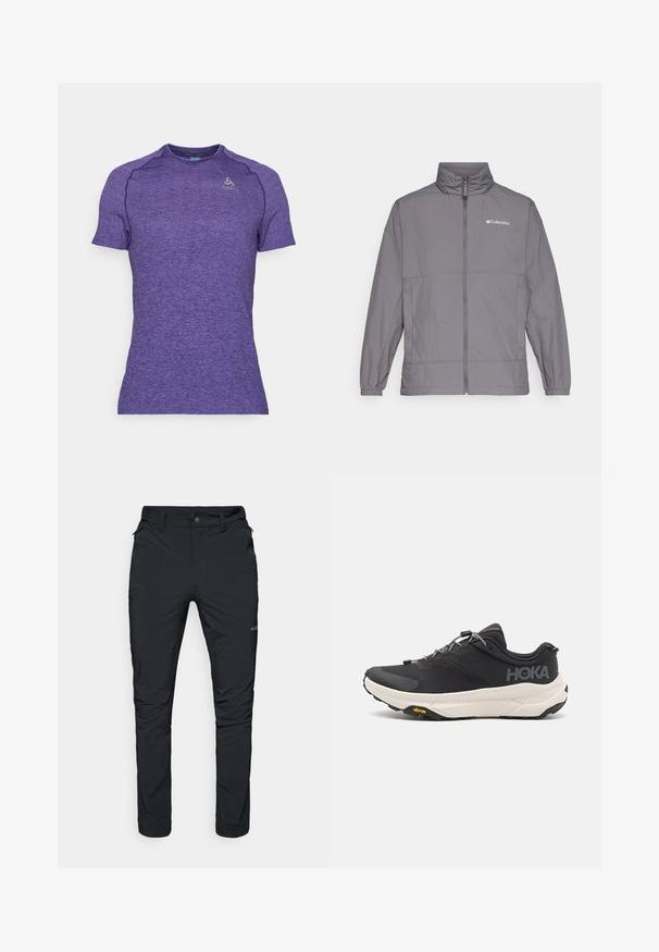 Hallhallane hall jacket, mis on valmistatud nailonist, kõrge kraega, täispika tõmblukuga, elastsete mansettidega ja diskreetse brändimisega vasakul rinnal.; Lilla lühikeste varrukatega spordisärk, millel on tekstuuriga muster, ümar kaelus ja logoaktsent rinnal. Kerge kangas.; Mustad mustad välitaskud, sirge lõikega, tõmblukkudega taskud, vöödeljed ja kerge, vastupidav kangas.; Mustmustun mustus kingad tekstuurse ülusega, hallide aktsentidega, peegeldavate detailidega ning paksu valge tallaga, millel on Vibram'i bränding.