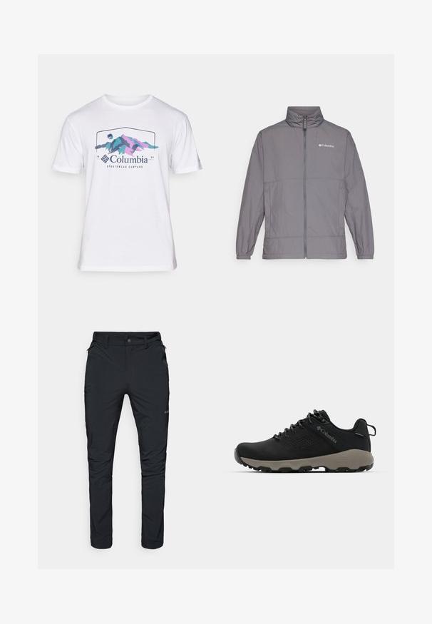Sivá ľahká bunda vyrobená z nylonu s vysokým golierom, plným zipsom vpredu, elastickými manžetami a jemným brandingom na hornej ľavej strane hrudníka.; Biely bavlnený tričko s grafickým motívom hory v purpurovej a tyrkysovej farbe, s textom "Columbia Sportswear Company" pod dizajnom.; Čierne vonkajšie nohavice so štíhlym strihom, vybavené zipsovými vreckami, pútkami na opasok a ľahkým, odolným textúrovaným materiálom.; Čierne turistické topánky s hladkým zvrškom, perforovaným dizajnom, šedou podrážkou a vystuženým pätou. Obsahujú šnúrky a pútko pre jednoduché obúvanie.