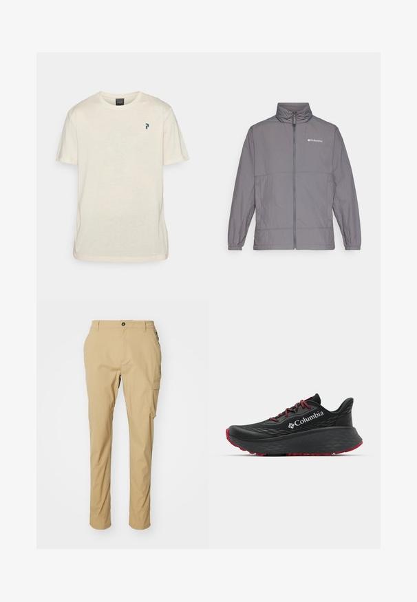 Hallhallane hall jacket, mis on valmistatud nailonist, kõrge kraega, täispika tõmblukuga, elastsete mansettidega ja diskreetse brändimisega vasakul rinnal.; Peak Performance EXPLORE GRAPHIC TEE - Trükipildiga T-särk - sand fog; Kerge kangaga khaki cargo püksid, sirge lõikega, küljetaskudega ja nööpidega kinnitusega vööl.; Mustan värvi spordijalats tekstuuriga pealisega, punaste paelte ja logoga. Paksem tallaga, millel on mustritooted kaheksast edasi liikumiseks. Minimalistlik disain, külgvaade.