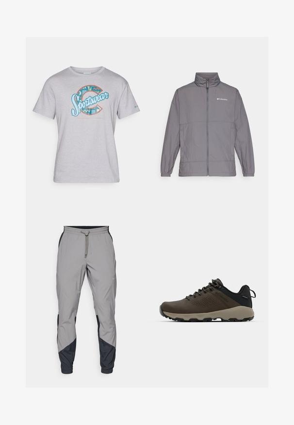 Pelēks viegls jaka, kas izgatavota no neilona, ar augstu apkakli, pilnu priekšējo rāvējslēdzēju, elastīgiem piedurknēm un diskreto zīmolu augšējā kreisajā krūtī.; Gaišs pelēks kokvilnas T-krekls ar daudzkrāsainu "Sportswear" grafiku, kas satur ģeometriskus rakstus un akcentu krāsas ziliem un oranžiem toņiem.; Viegls, pelēks sporta bikses ar melniem akcentiem. Elastīga josta, ar auklu aizdare, sašaurināts kāju dizains un sānu kabatas.; Brūni ūdensnecaurlaidīgi sporta apavi ar teksturētu virsu, perforētiem akcentiem, melnu papēža atbalstu un pelēku gumijas zoli. Šņores veidotas ar metāliskiem galiem.