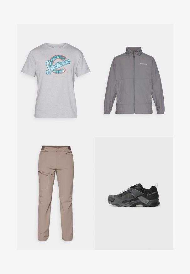 Pelēks viegls jaka, kas izgatavota no neilona, ar augstu apkakli, pilnu priekšējo rāvējslēdzēju, elastīgiem piedurknēm un diskreto zīmolu augšējā kreisajā krūtī.; Gaišs pelēks kokvilnas T-krekls ar daudzkrāsainu "Sportswear" grafiku, kas satur ģeometriskus rakstus un akcentu krāsas ziliem un oranžiem toņiem.; Salomon WAYFARER PANTS - Āra bikses - iron; Melnas taku skriešanas kurpes ar izturīgu sieta augšdaļu, pastiprinātu purngala daļu, teksturētu gumijas zoli un elastīgu šņorēšanas sistēmu drošai piegulšanai.