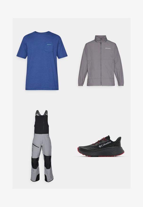 Pelēks viegls jaka, kas izgatavota no neilona, ar augstu apkakli, pilnu priekšējo rāvējslēdzēju, elastīgiem piedurknēm un diskreto zīmolu augšējā kreisajā krūtī.; Zils kokvilnas T-krekls ar īsām piedurknēm, tam ir krūšu kabata un zaļa Patagonia logo. Vienkāršs apaļas formas kakls un brīvs piegriezums.; Pelnu un melnu auduma slēpošanas kombinezons. Iespējas ar regulējamiem siksnām, rāvējslēdzēja kabatu un pastiprinātām daļām izturībai.; Melnas sporta kurpes ar teksturētu augšdaļu, sarkanām auklām un logotipu. Bieza zole ar rakstainu protektoru, lai nodrošinātu saķeri. Minimālisma dizains, sānu skats.