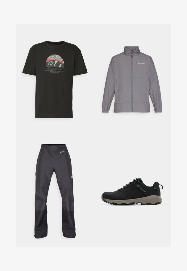 Sivá ľahká bunda vyrobená z nylonu s vysokým golierom, plným zipsom vpredu, elastickými manžetami a jemným brandingom na hornej ľavej strane hrudníka.; Columbia PATH LAKE™ GRAPHIC TEE - Tričko s potlačou - black; Čierne nepremokavé nohavice s hladkým povrchom, so značkou GORE-TEX na prednej strane a zosilnenými dolnými nohavicami pre väčšiu odolnosť.; Čierne turistické topánky s hladkým zvrškom, perforovaným dizajnom, šedou podrážkou a vystuženým pätou. Obsahujú šnúrky a pútko pre jednoduché obúvanie.