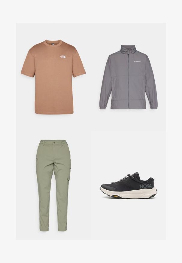 Hallhallane hall jacket, mis on valmistatud nailonist, kõrge kraega, täispika tõmblukuga, elastsete mansettidega ja diskreetse brändimisega vasakul rinnal.; Pruun puuvillane T-särk ümmarguse kaelusega, lühikeste varrukatega ja valge logoga vasakul rinnal. Pehme tekstuur, regulaarne lõige.; Heledad oliivrohelised cargo-püksid otse sääre disainiga, ees nupuga lukustus ja küljetaskud funktsionaalsuse jaoks. Sile ja vastupidav kanga.; Mustmustun mustus kingad tekstuurse ülusega, hallide aktsentidega, peegeldavate detailidega ning paksu valge tallaga, millel on Vibram'i bränding.