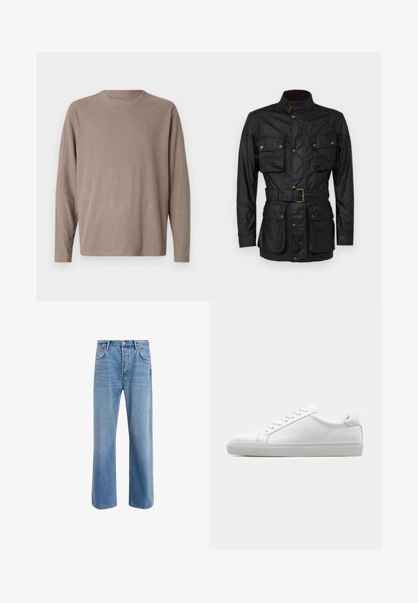 Kangasmusta vahattu puuvillatakki, jossa on korkea kaulus, neljä etutaskua, vyötärönauha ja kultaiset yksityiskohdat. Silkkinen pinta ja viimeistelty muotoilu.; Pitkähihaista paitaa pehmeässä, ribatussa vaaleanruskeassa kankaassa. Ominaisuuksiin kuuluu pyöreä kaula-aukko ja pieni vaaleansininen logo rinnassa. Yksinkertainen, rento muotoilu.; Vaaleansiniset farkut suoranlahkeisella muotoilulla, viisi taskua, nappisuljenta, vähäinen kuluminen ja kontrastiväriset ompeluyksityiskohdat.; Valkoinen tennari, jossa on sileä nahkapäällinen ja matala profiili. Ominaisuuksiin kuuluu pyöreä kärki, kuusi rei'itystä ja teksturoitu kumipohja.