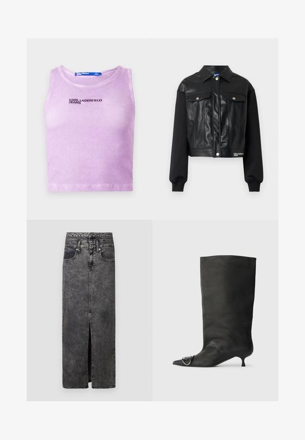 Sasniedzams žakets ar melnas ādas priekšpusi un melniem auduma piedurknēm. Ietver sudraba pogas un krūšu kabatas. Logo uz apakšējās malas.; Lavandas krāsas ribots apgriezts tops ar apaļu kakla izgriezumu un uz krūtīm izšūtu uzrakstu "KARL LAGERFELD JEANS" tumšā diegā.; Melnas džinsas maximā skaidrs ar priekšējo atvērumu, kas aprīkots ar jostu, jostas cilpiņām un divām kabatām. Nedaudz strukturēta virsma ar izbalinātiem laukumiem.; Melnas ādas potīšu zābaki ar smailu purngalu, mazu papēdi un metāla akcentu uz purngala. Gluda, matēta virsma visā zābaku garumā.