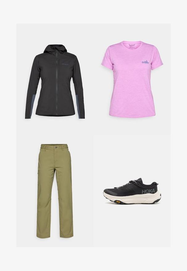 Casaco com capuz preto da Patagonia com fecho na frente e manchas cinzas nos antebraços interiores, exibido sobre um fundo branco.; Patagonia DAILY GRAPHIC - T-shirt desportiva - brisk purple; Calças verde-oliva com corte direita, feitas de tecido leve. Apresentam um fecho com botão e dois bolsos frontais.; Ténis de desporto pretos com um cabedal em malha respirável, sola de borracha, entressola branca com amortecimento e atacadores refletivos. Logótipo Vibram na sola.