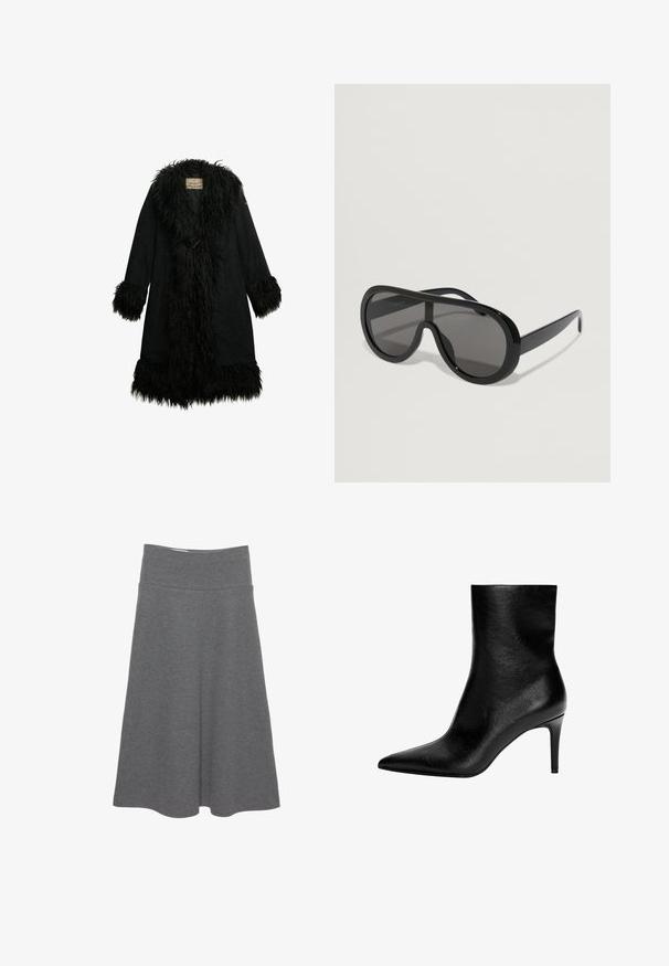 Black coat featuring a fluffy, fur-like collar and cuffs. Suede material with a knee-length design, fastened by a single toggle closure.; Dark grey cropped sweater with a v-neckline and long sleeves. Made from soft, textured fabric with a ribbed hem. Simple design.; Gray, knee-length skirt made of soft fabric with a flared shape and a wide waistband, featuring a smooth, uniform texture.; Black leather ankle boot with pointed toe and slim mid-height stiletto heel, smooth texture, and no visible fastenings.; Black oversized sunglasses with a smooth plastic frame, dark lenses, and wide temples, featuring a wraparound design for full coverage.