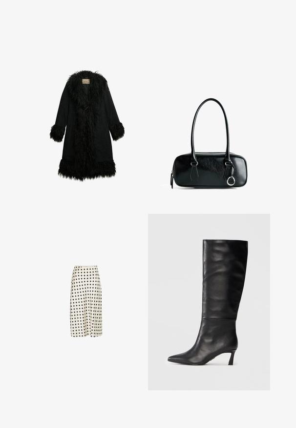 Zwarte jas met een fluffy, bontachtige kraag en manchetten. Van suede met een knielang ontwerp, fastened met een enkele togglesluiting.; Zwarte lange mouwen top van zachte stof. Heeft een diepe V-hals met een golvende kantafwerking en een aansluitende silhoeet. Geen zichtbare patronen.; Midi-rok van gladde stof in off-white met grote zwarte stippen, met een uitlopende silhouette en een comfortabele tailleband.; Zwarte leren kniehoge laars met een puntige neus en een slanke hak. Gladde textuur met een naadloos ontwerp en een gepolijste afwerking.; Zwarte leren handtas met een rechthoekige vorm, een gladde textuur, twee handvatten en zilveren hardwareaccenten. Voorzien van een ritsluiting en stikseldetails.